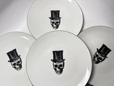 Harvest Green Studio Halloween Skull Top Hat Dinner Plates Set 4 Real Gold Trim