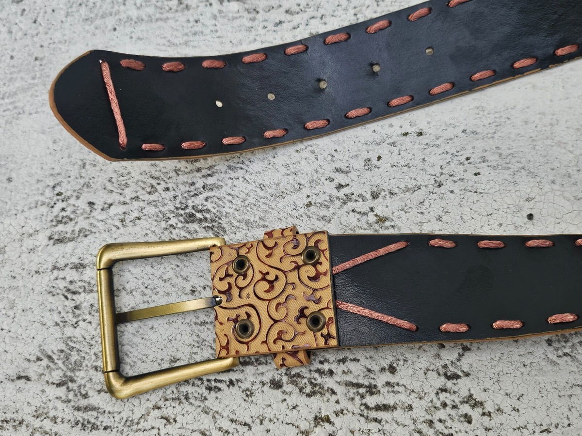 Women Belt Tan Faux Leather Engraved Design Wide Waistband  display picture 2