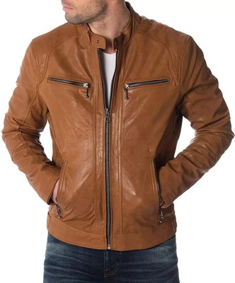 @313 New Men's Lambskin Leather Jacket Genuine Motorcycle Biker Stylish Brown