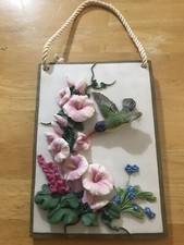 Beautiful HUMMINGBIRD W/Flowers Dimensional Handpainted Plaque On Marble