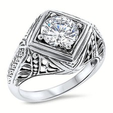 ART DECO STYLE 925 STERLING SILVER SOLITAIRE FILIGREE CUBIC ZIRCONIA RING 1053X