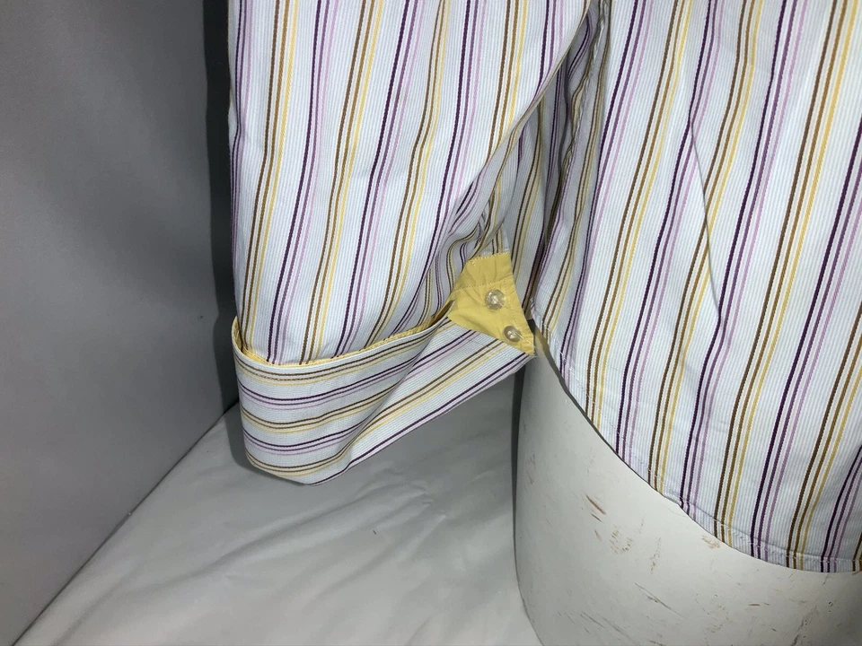 Camisa Ghirardelli Puño Abatible XL 16 34 Azul Púrpura Rayas Algodón Italia YGI H0-384 Foto 4 de 4