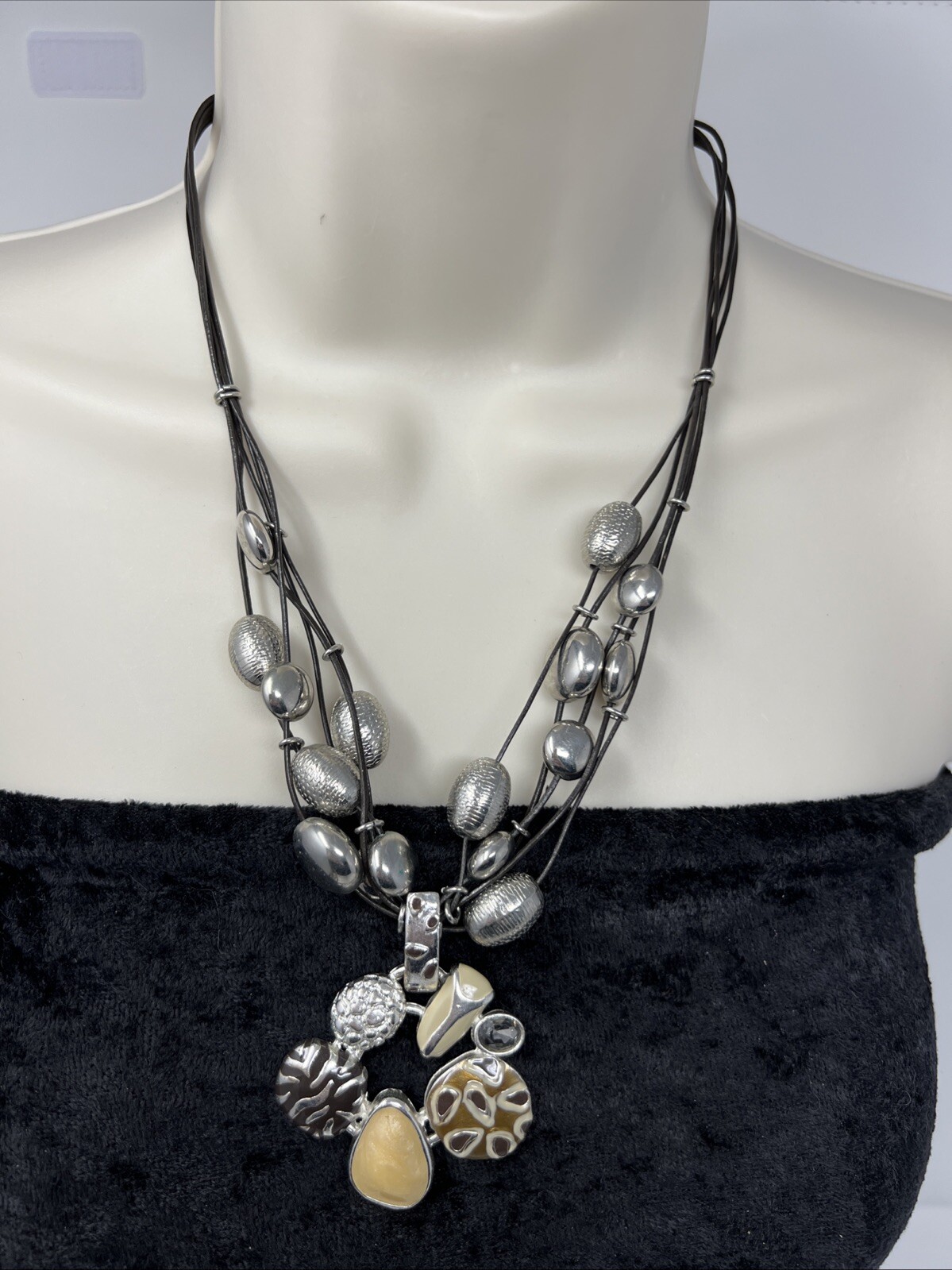 Chico's Necklace Multi-Stranded Silver Beaded Boh… - image 1