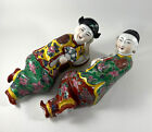 Pair Vintage Chinese Porcelain Laying Down Reclining Resting 7" Figures Statues
