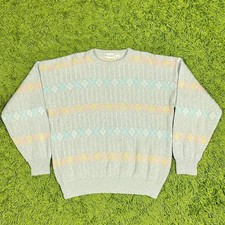 VINTAGE Argyle GEOMETRIC GRANDPA SWEATER L KNIT 80s 90s Pastel PREPPY ACADEMY