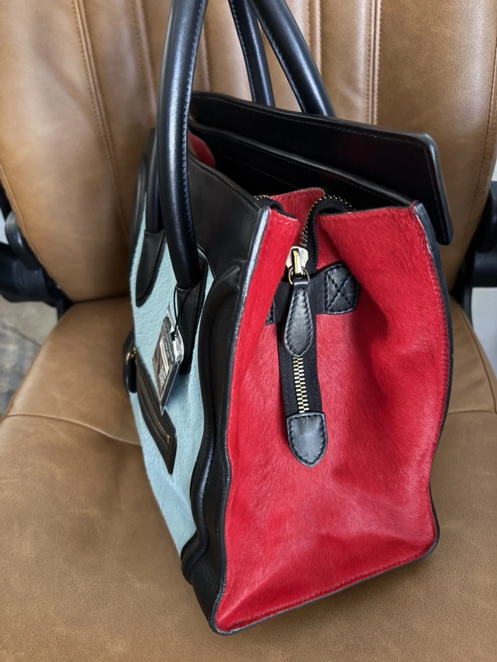 Mini bolso de mano de cuero de becerro con pelo de pony tricolor CELINE rojo beige Foto 2 de 4