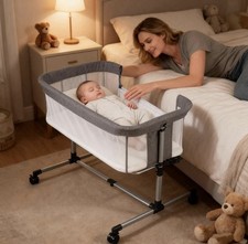 Bedside Baby Sleeper Bassinet, Breathable Mesh, Adjustable Height/Incline, Gray