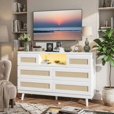 Patikuin Rattan-Weave Dresser with 6 Drawers Compartments, LED Light Strip Power