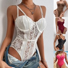 UK Womens Strappy Lace Body Tops Bodysuit Vest Shirts Lingerie Leotard Jumpsuit