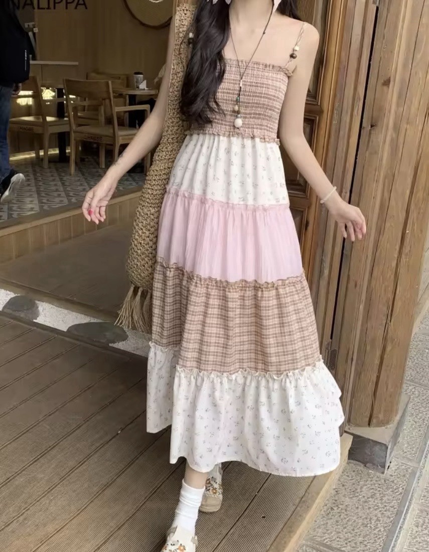 Lindo Maxi Vestido Kawaii A Cuadros y Floral