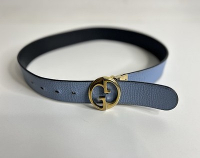 Gucci Belt GG Buckle Reversible Blue Black Leather Gold 35 Inch