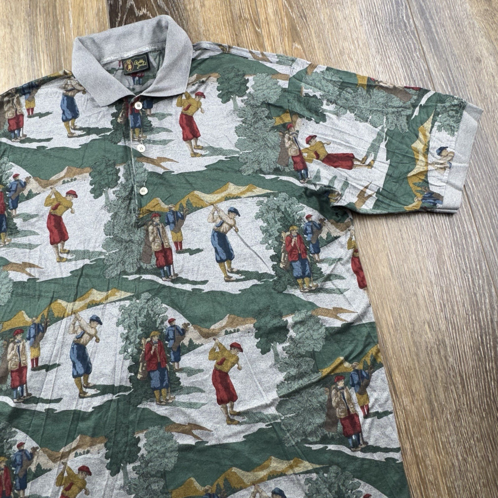 Vintage Bobby Jones Golf Polo Shirt Mens L All Over Print Golfer Course Italy