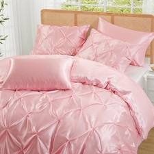 5 Pieces Satin Pintuck Duvet Cover Set, Silky Like Blush Pink Pinch Pleat Duv...