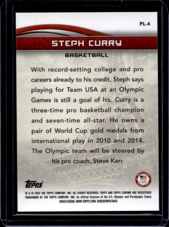 2024 Topps Chrome US Olympics Stephen Curry To Paris Love Flag Refractor #/76 - Image 2 of 2