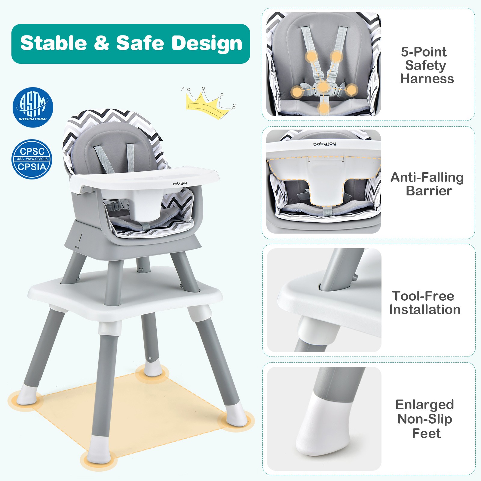 6-in-1 Baby High Chair w/ 5-Point Safety Harness & Anti-falling Barrier Strip