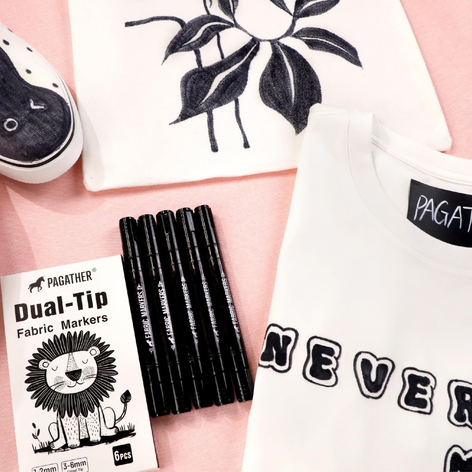 Fabric Markers Permanent for Clothes 6 Pack Black Dual Tip with Fine and Chis...