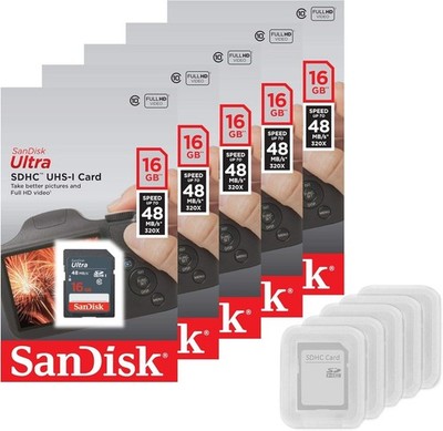 5 Pack Ultra 16GB SD SDHC Memory Flash Card UHS-I Class 10 Read Speed up to 48MB
