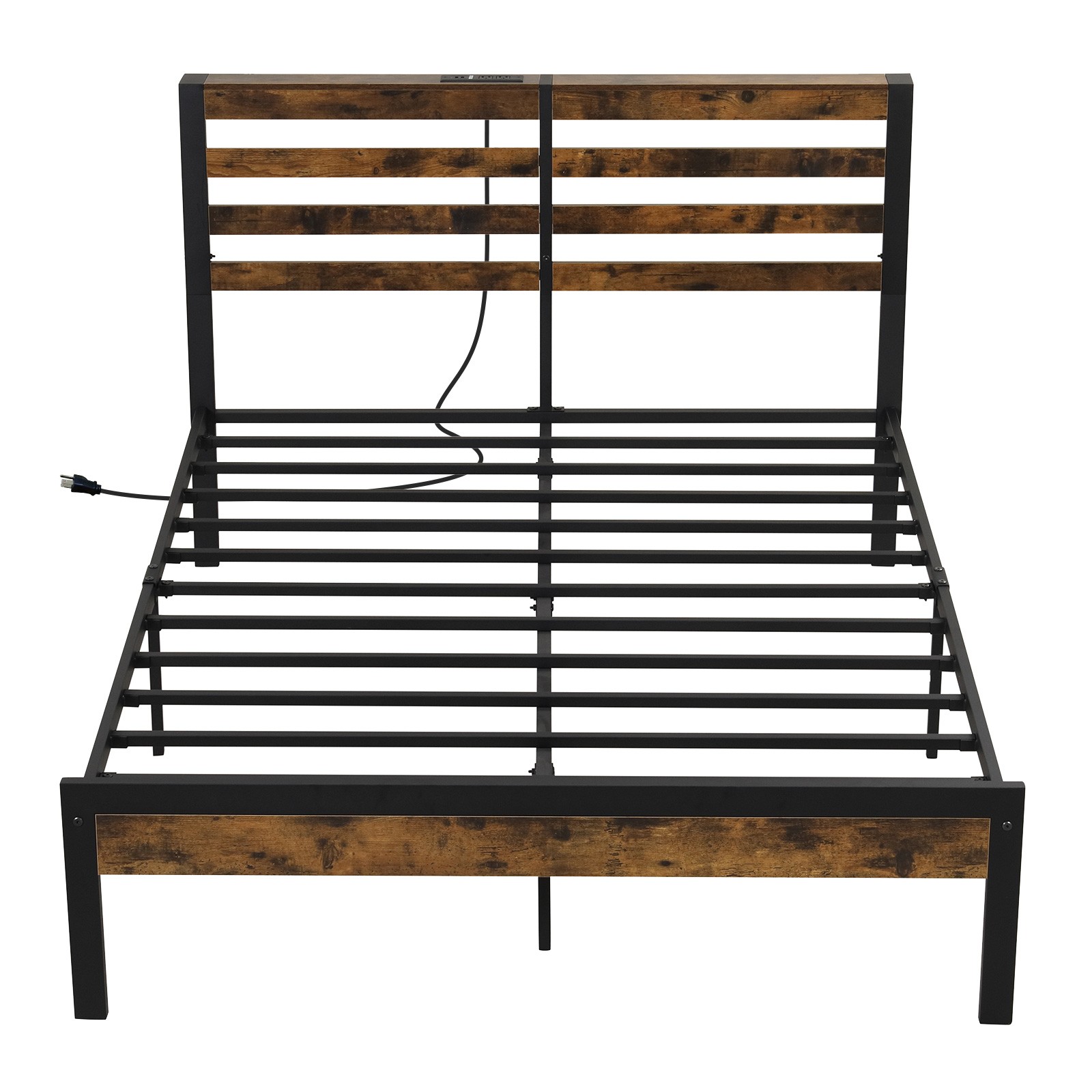 Full Industrial Metal Platform Bed Frame Charging Station Mattress Foundation