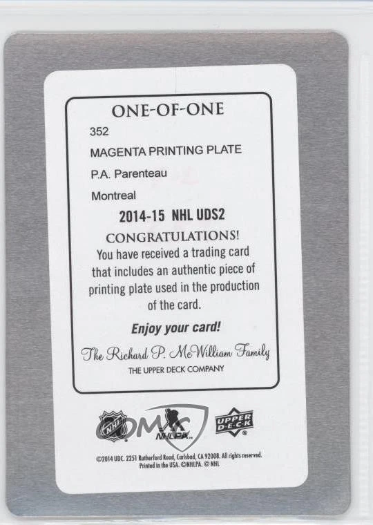 2014-15 Upper Deck Printing Plate Magenta 1/1 PA Parenteau #352 1p3 - Image 2 of 3