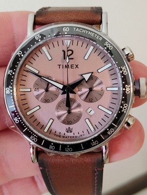 Timex Waterbury Chronograph Men's Watch, Rose Gold Dial, 100m WR, Leather 
