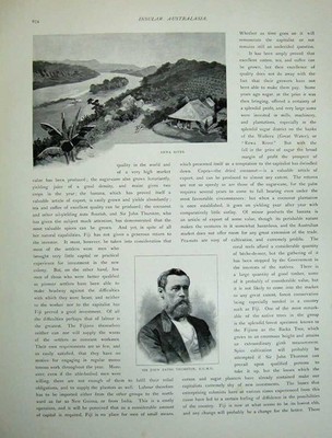 Alter antiker Druck 1886 Fidschi König Thakambau Kanu Haus Rewa Fluss Bates 19.