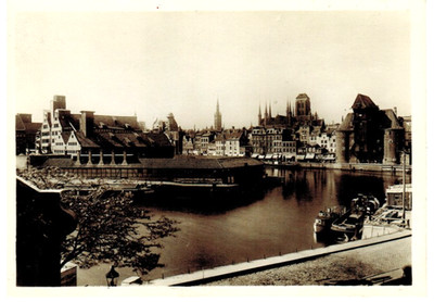 AK Postkarte - Danzig - Mottlauhafen mit Krantor und Marienkirche - ca. 1938