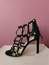 Jimmy Choo Black Beverly 100 Strappy Suede High Heels With Yellow Dots 38/1/2