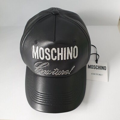 MOSCHINO COUTURE Leder Kappe Logo Schwarz Unisex  Italy NEU