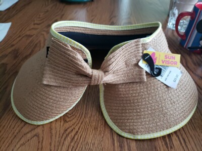 DAVID & YOUNG Beige W/Yellow Border Sun Visor Roll Up Wide Brim Hat - New W/Tags