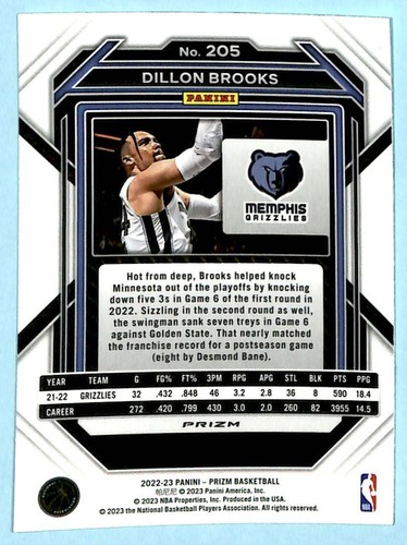 2022-23 Panini Prizm Dillon Brooks #205 Silver Prizm Grizzlies - Bild 2 von 2
