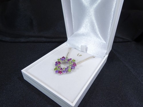 Natural Peridot,Amethyst & Rhodolite Garnet Solid Sterling Silver Necklace-51 cm - Picture 6 of 15
