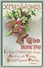 Greetings~Bells Holly & God Bless You Xmas Wishes~Vintage Postcard