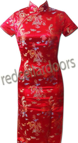 New Womens Poppy Red Satin Dress Cheongsam Dragon & Phoenix Sizes 32 34 36 40 - Picture 3 of 6