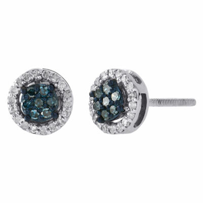 10K White Gold Blue Diamond Halo Flower Cluster 6.85mm Stud Earrings 0.25 Ct.