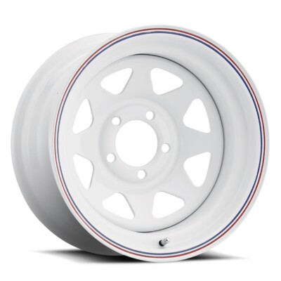 UNIQUE 21 8 Spoke 15X8 4X130 Offset -63 White w/ Red and Blue Stripes (Qty of 1)