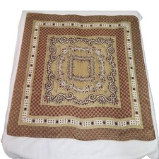 Women's Brown Gold Square Silk Scarf Scrolls Bold Block Edges PROFESSIONAL WORK