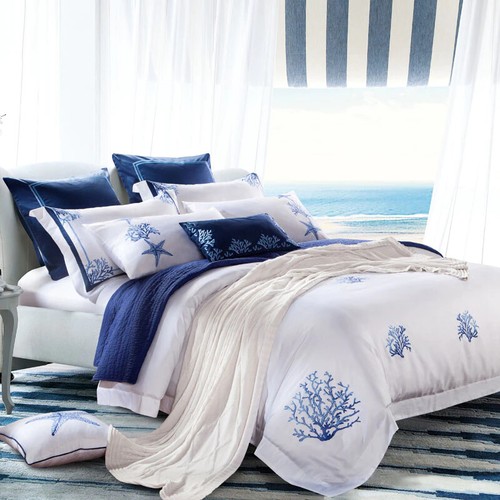 2025 Royal Luxury White Egyptian Cotton Hotel Duvet Cover Set Chic Blue Coral - Picture 2 of 6