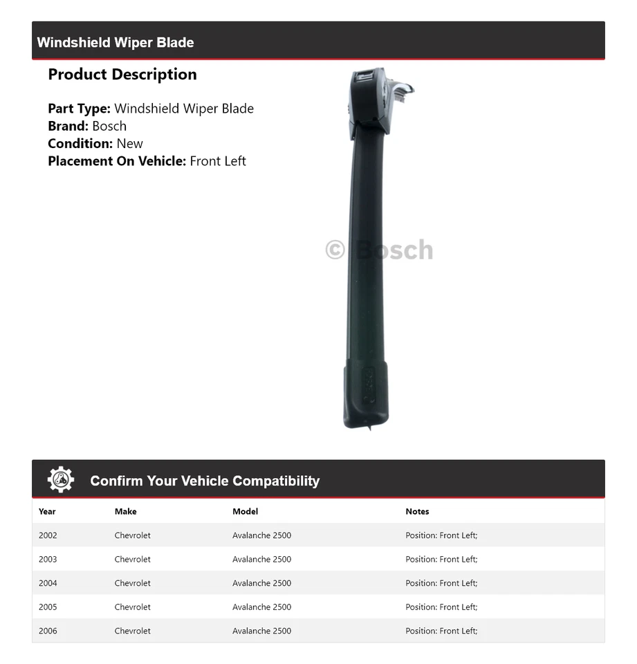 适用于 2002 - 2006 年雪佛兰 Avalanche 2500 博世 ICON Wiper 刀片左前 2003 — 第 2/4 张图片
