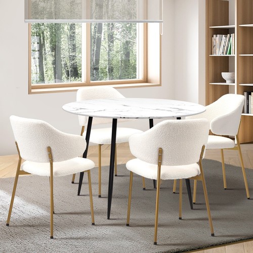 Oikiture 110cm Round Dining Table with 4PCS Dining Chairs Accent Sherpa Gold - Picture 2 of 10
