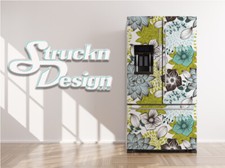 Cyan Green Floral Flowers Pattern Fridge Freezer Wrap Side Door Vinyl Decal