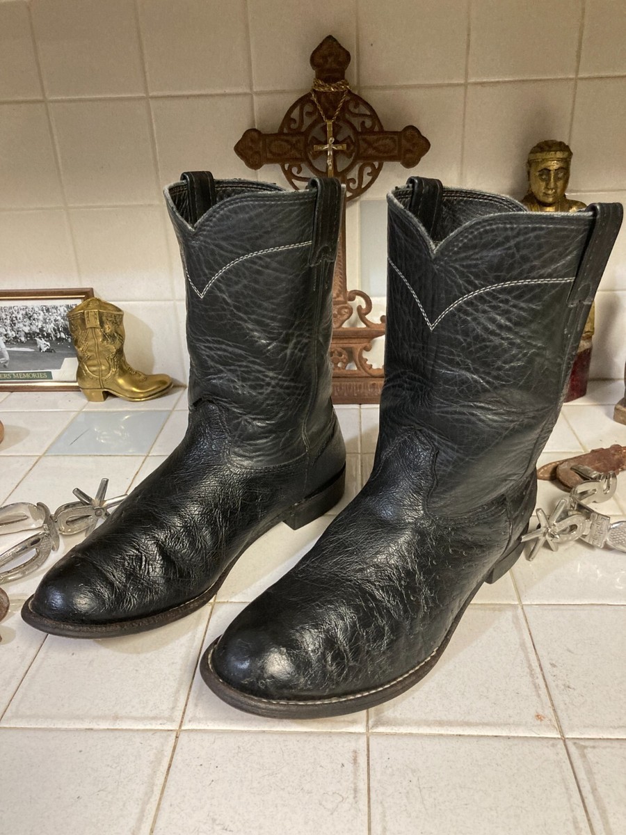 LARRY MAHAN Black Ostrich Round Toe Ropers Exotic Leather Boots 9
