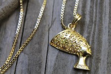 NEW NEFERTITI PENDANT 2mm/24" BOX CHAIN HIP HOP NECKLACE GOLD TONE - XQP26BXG