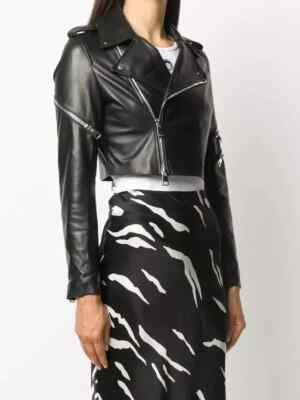 Women's Jacket Black Cropped Handmade Leather Fit Lambskin Genuine Stylish Biker