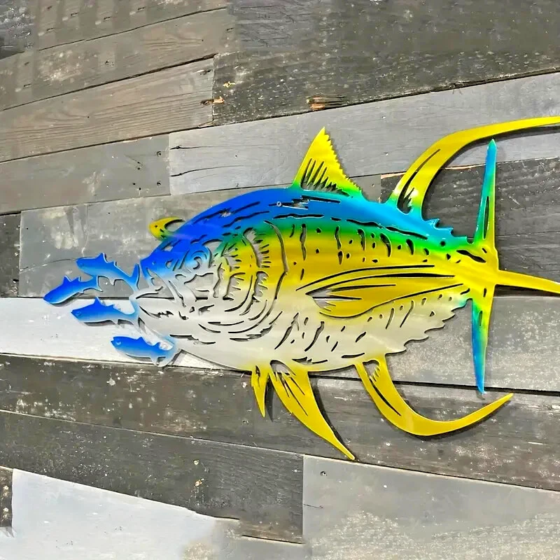 Escultura de pared de metal para decoración de pared de atún deportivo peces aleta amarilla atún Foto 3 de 4
