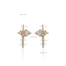 Solid 14k Yellow Gold Studded Natural SI Diamonds Suspender J Hooks Earrings 