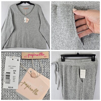 $89 Papinelle XL Grey Waffle Textured Long Sleeve V-Neck Knit Lounge Set  Pajamas