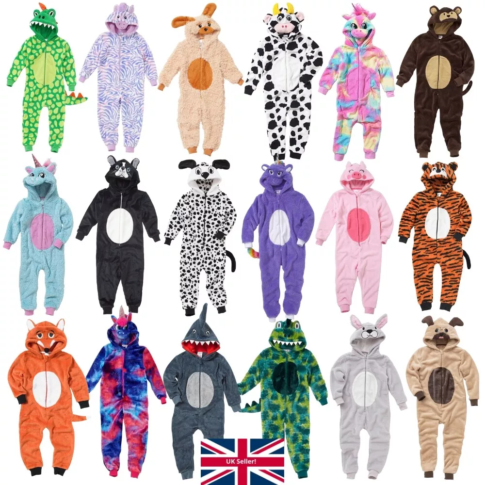Animal Crazy Boys Girls 1Onesie Onesey Fleece Hooded Jumpsuit Playsuit Novelty