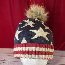 Beanie Hat Patriotic Red Beige Stars Stripes USA Flag Theme Fur Poof D Y Patriot