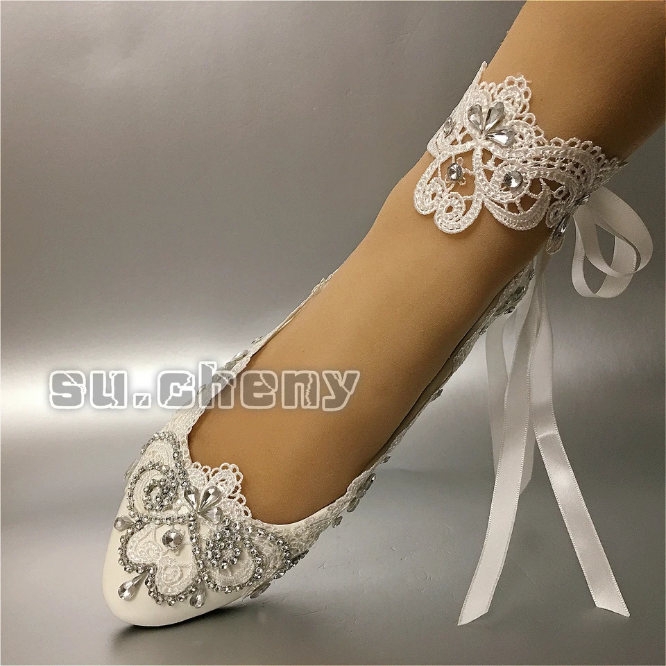 su.cheny Light ivory white pearls flats ballet Wedding shoes Bridal size 5-13 - Image 3 of 4