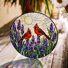 two cardinals with lavender garden round stained glass suncatcher birthday gift